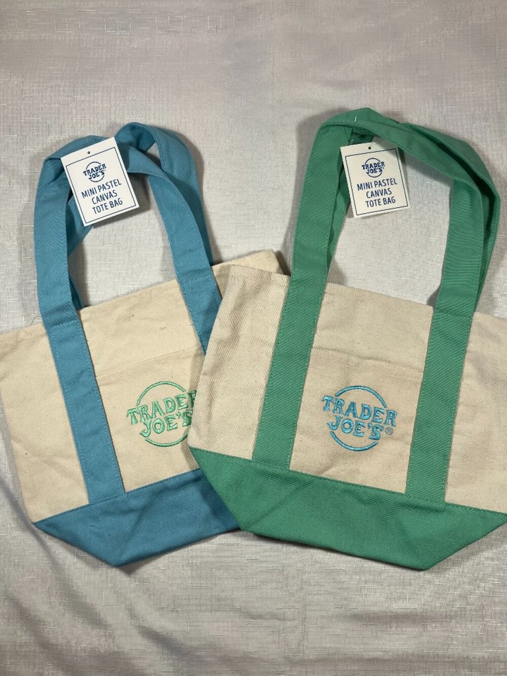 NWT Set Of 2 Trader Joe's Mini Canvas Shopping Bags, Blue & Green